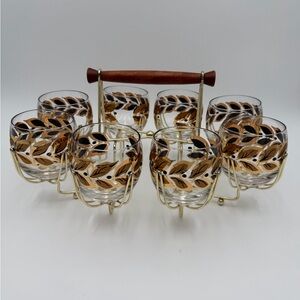 Vintage MCM Glasses & caddy with Gold Leaf Design by Federal “Roly Poly” RARE